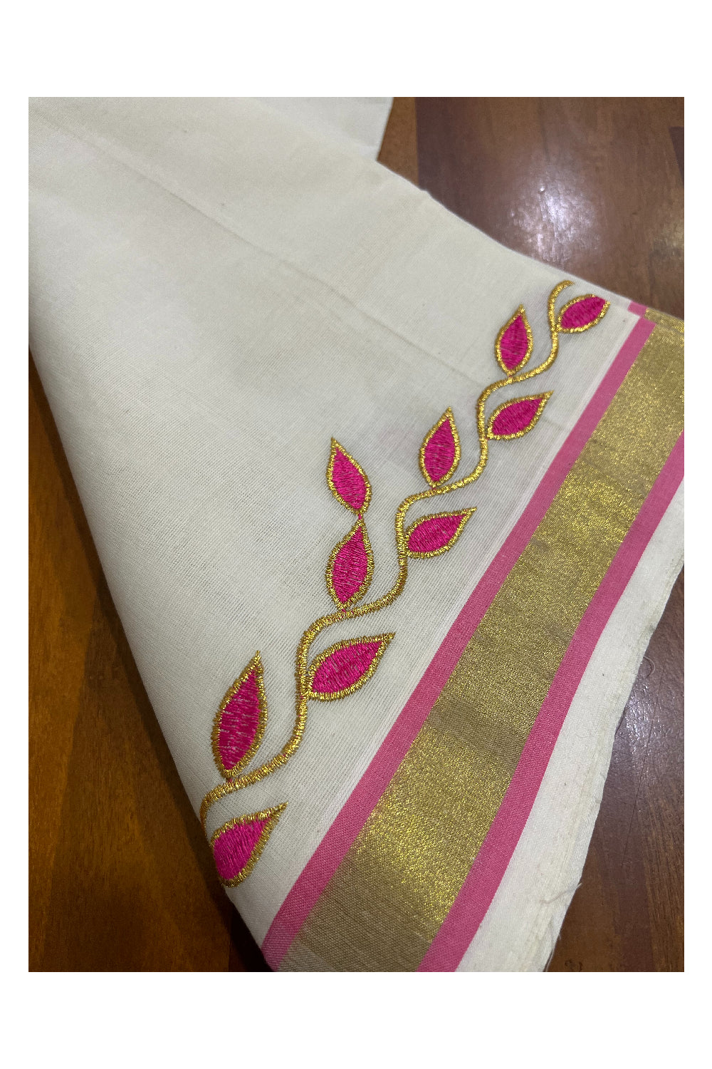 Kerala Cotton Mundum Neriyathum Single (Set Mundu) with Pink Golden Floral Embroidery Designs in Pink and Kasavu Border