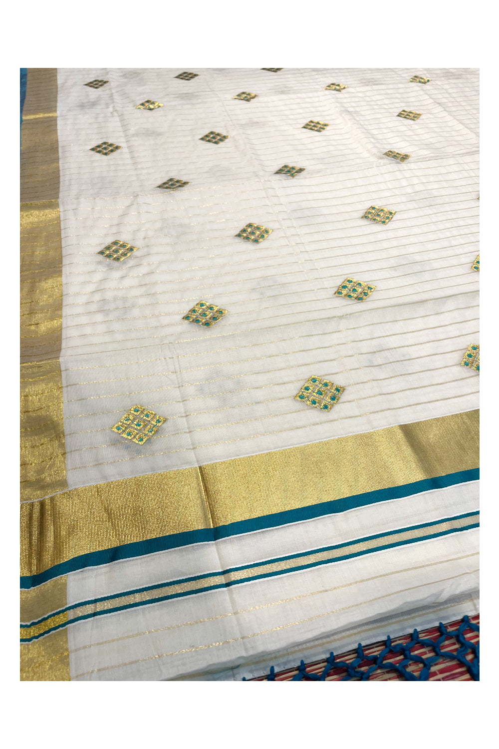 Kerala Cotton Kasavu Stripes Saree with Peacock Green Floral Embroidery Design on Body