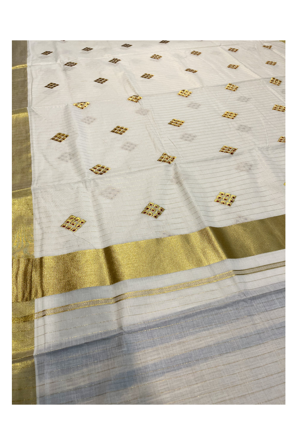 Kerala Cotton Kasavu Stripes Saree with Maroon Floral Embroidery Design on Body