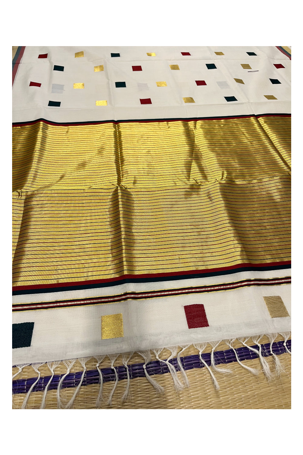 Southloom Premium Handloom Cotton Kasavu Saree with Green ,Maroon and Golden Square Woven Motifs