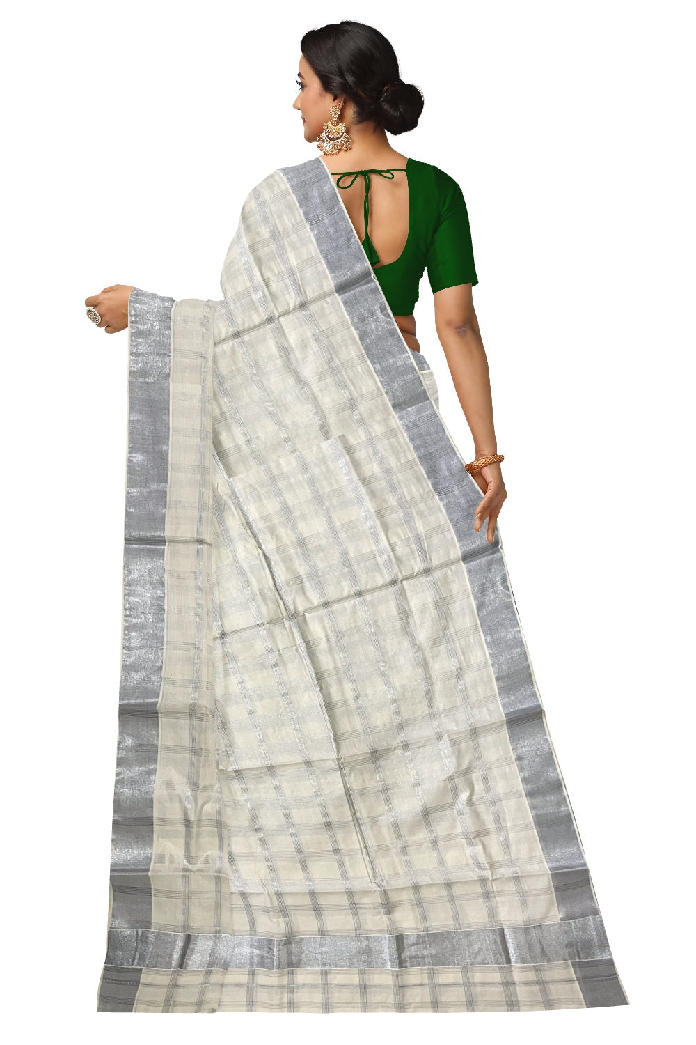 Pure Cotton Kerala Saree with Silver Kasavu Check Designs Across Body (Onam Saree 2023)
