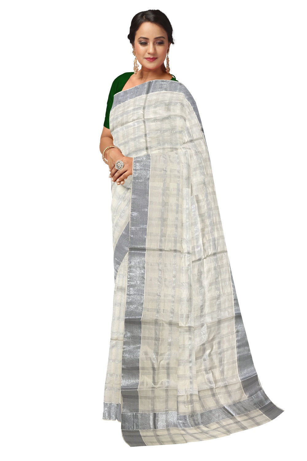 Pure Cotton Kerala Saree with Silver Kasavu Check Designs Across Body (Onam Saree 2023)