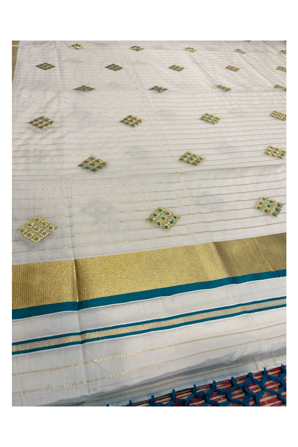 Kerala Cotton Kasavu Stripes Saree with Peacock Green Floral Embroidery Design on Body