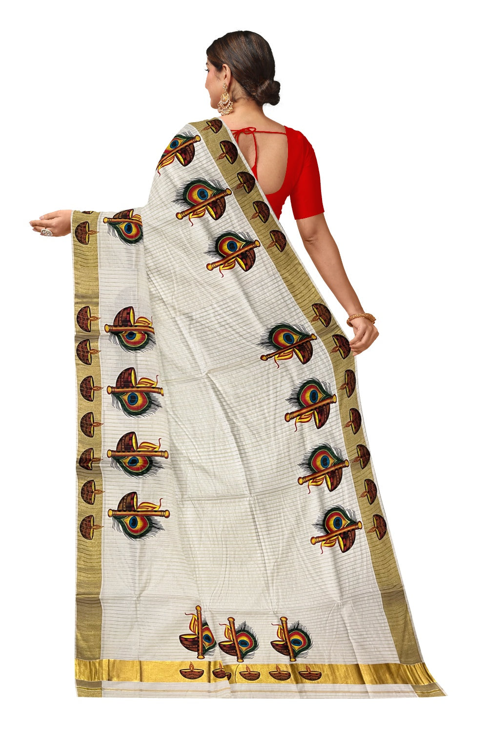 Pure Cotton Kerala Kasavu Lines Design and Feather Diya Mural Work Saree and Printed Border (Onam Saree 2023)