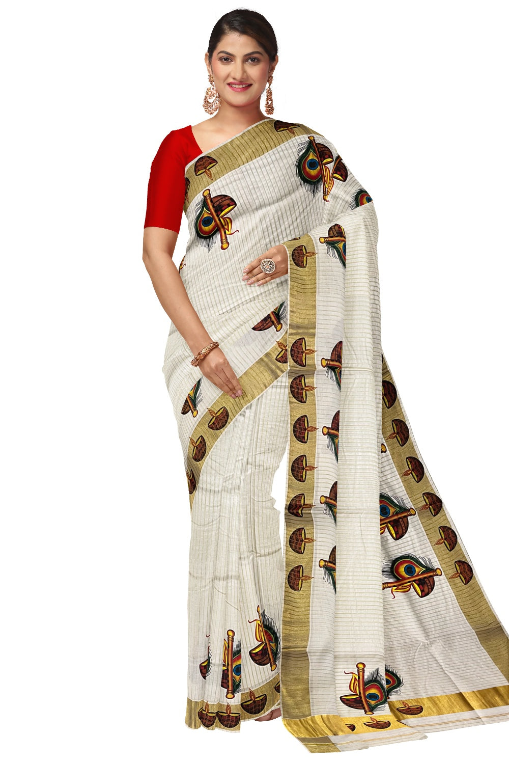 Pure Cotton Kerala Kasavu Lines Design and Feather Diya Mural Work Saree and Printed Border (Onam Saree 2023)