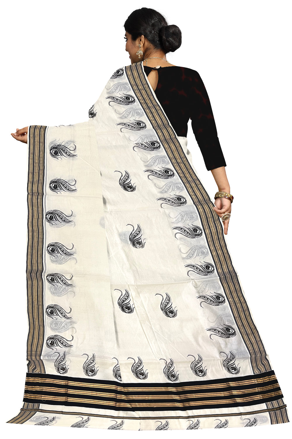 Pure Cotton Kerala Kasavu Saree with Block Printed Black Border