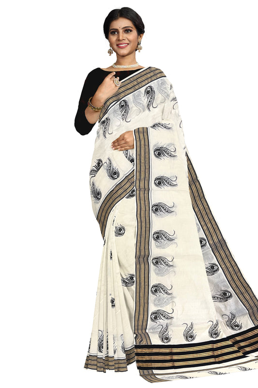 Pure Cotton Kerala Kasavu Saree with Block Printed Black Border