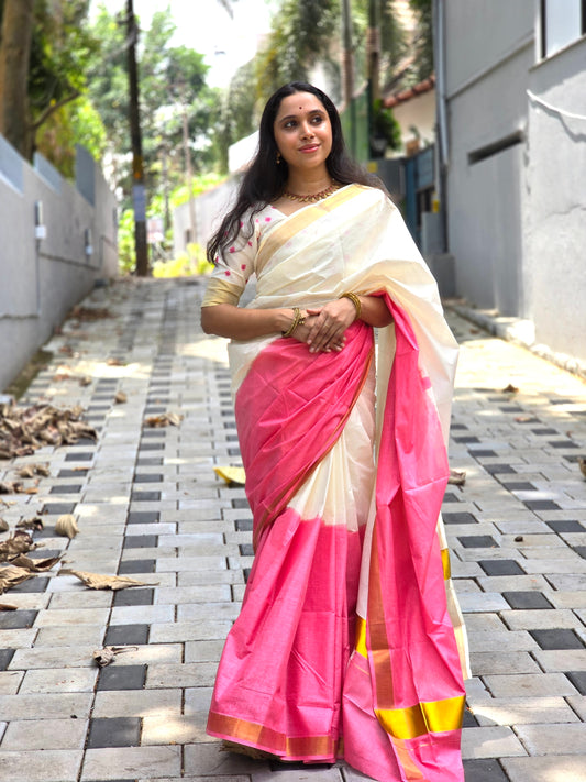 Southloom Tie and Dye Multi Colour Pink Kasavu Saree (Onam 2024 Collection)