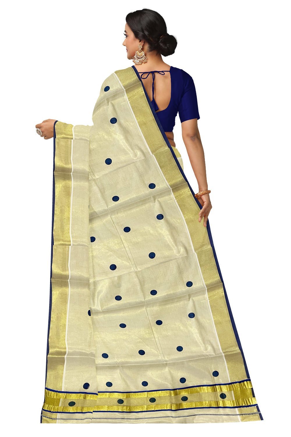 Kerala Tissue Kasavu Saree with Blue Polka Block Prints on Body and Tassels Works