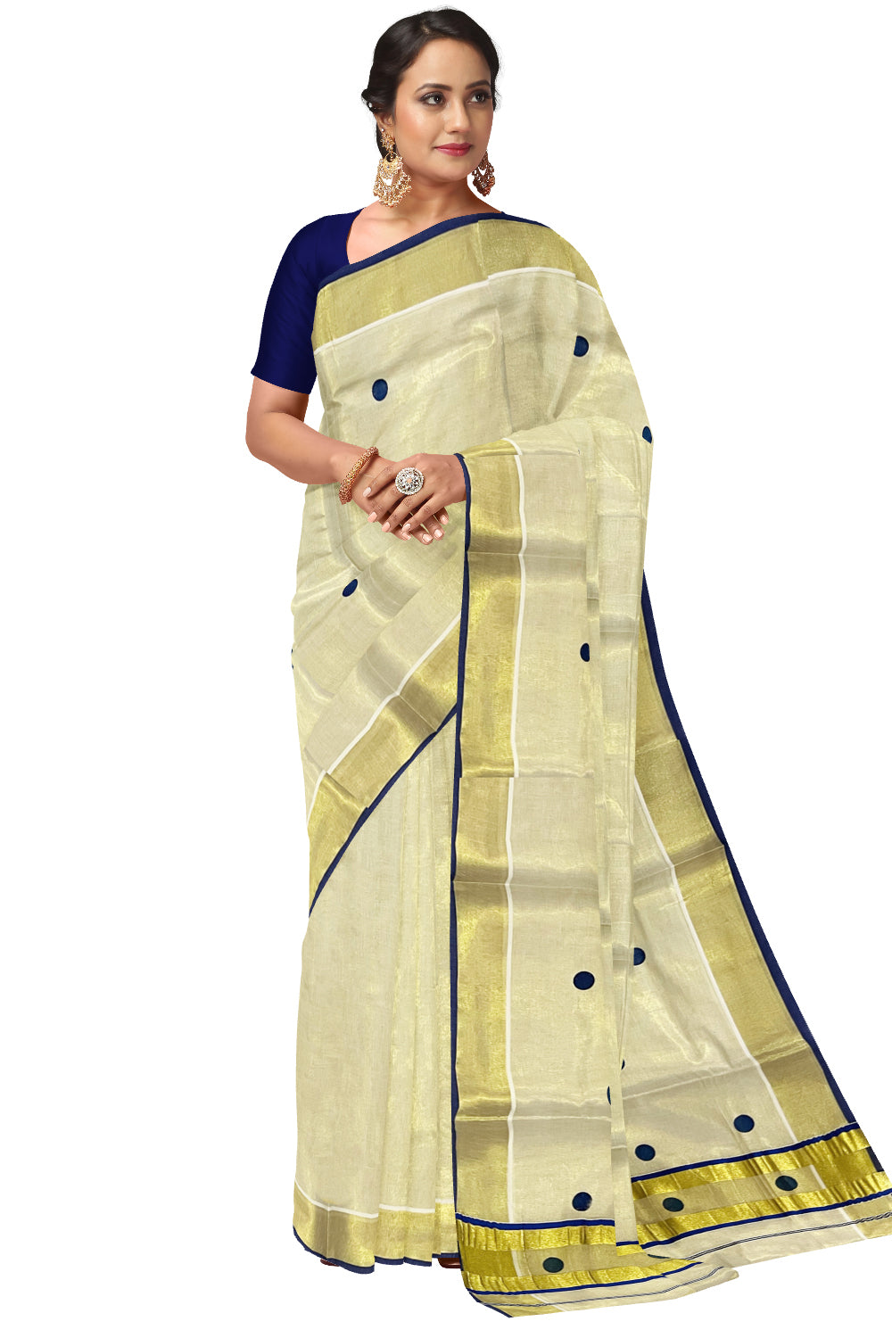 Kerala Tissue Kasavu Saree with Blue Polka Block Prints on Body and Tassels Works