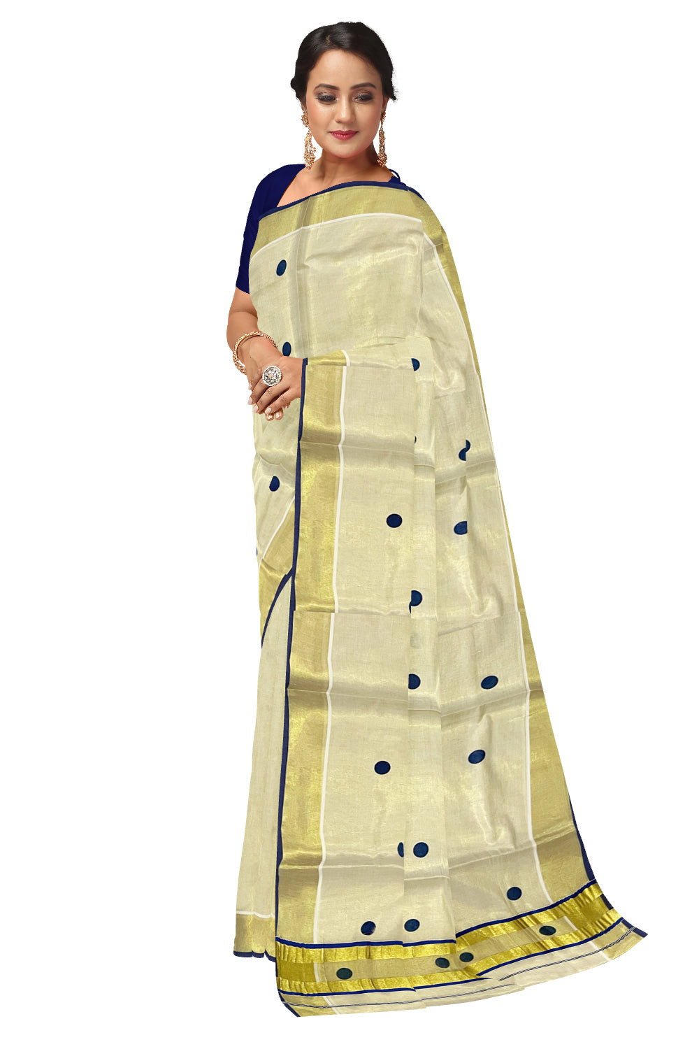 Kerala Tissue Kasavu Saree with Blue Polka Block Prints on Body and Tassels Works