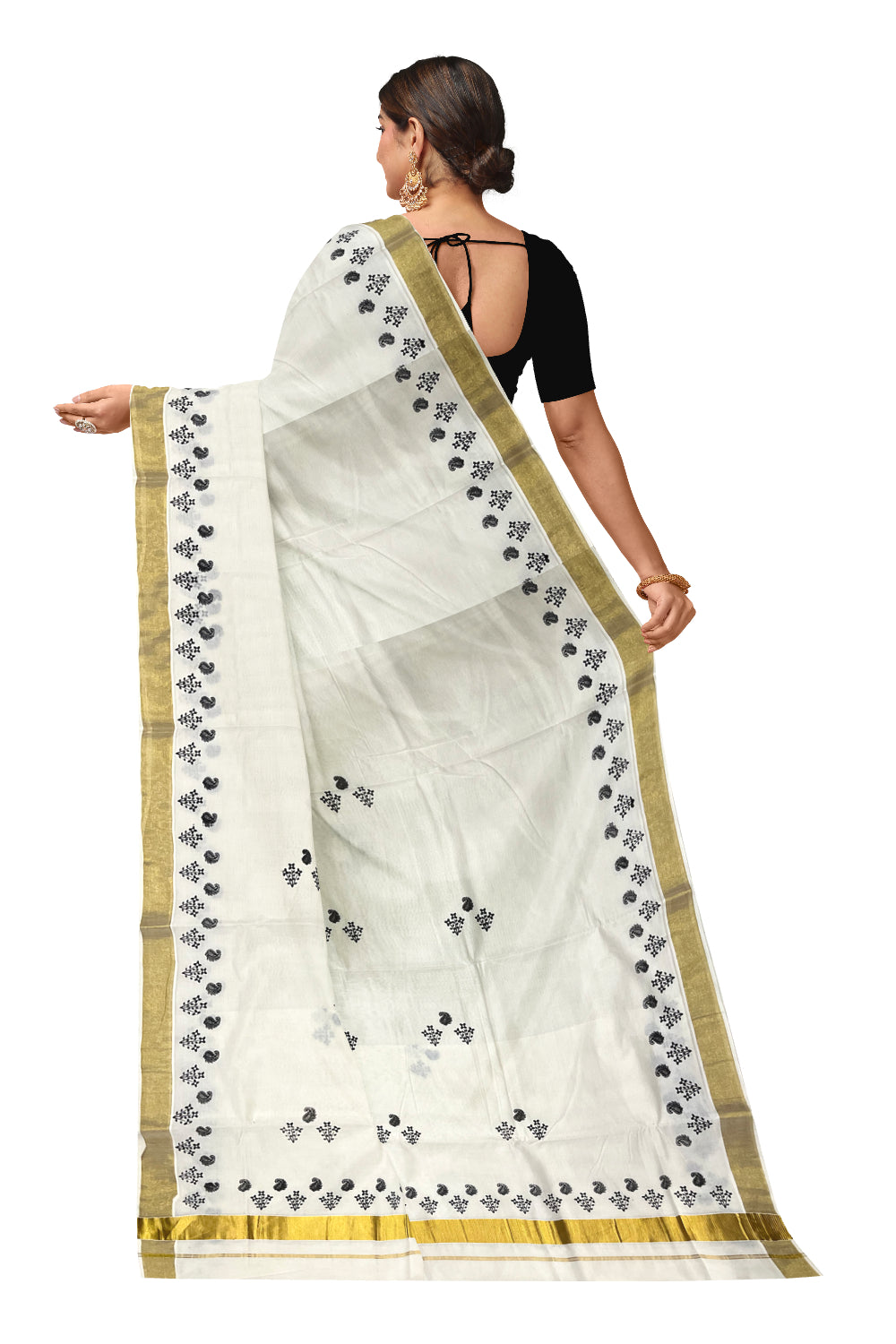 Pure Cotton Kerala Kasavu Saree with Black Block Prints and Kasavu Border