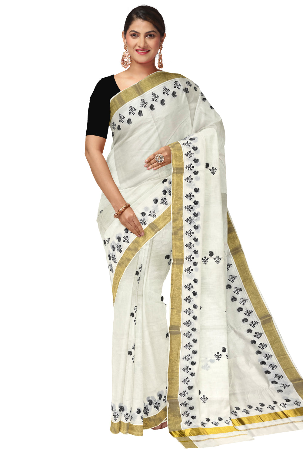 Pure Cotton Kerala Kasavu Saree with Black Block Prints and Kasavu Border