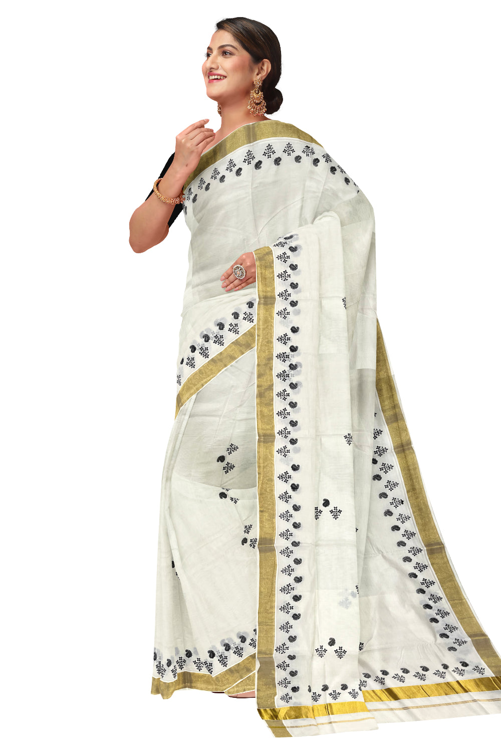 Pure Cotton Kerala Kasavu Saree with Black Block Prints and Kasavu Border