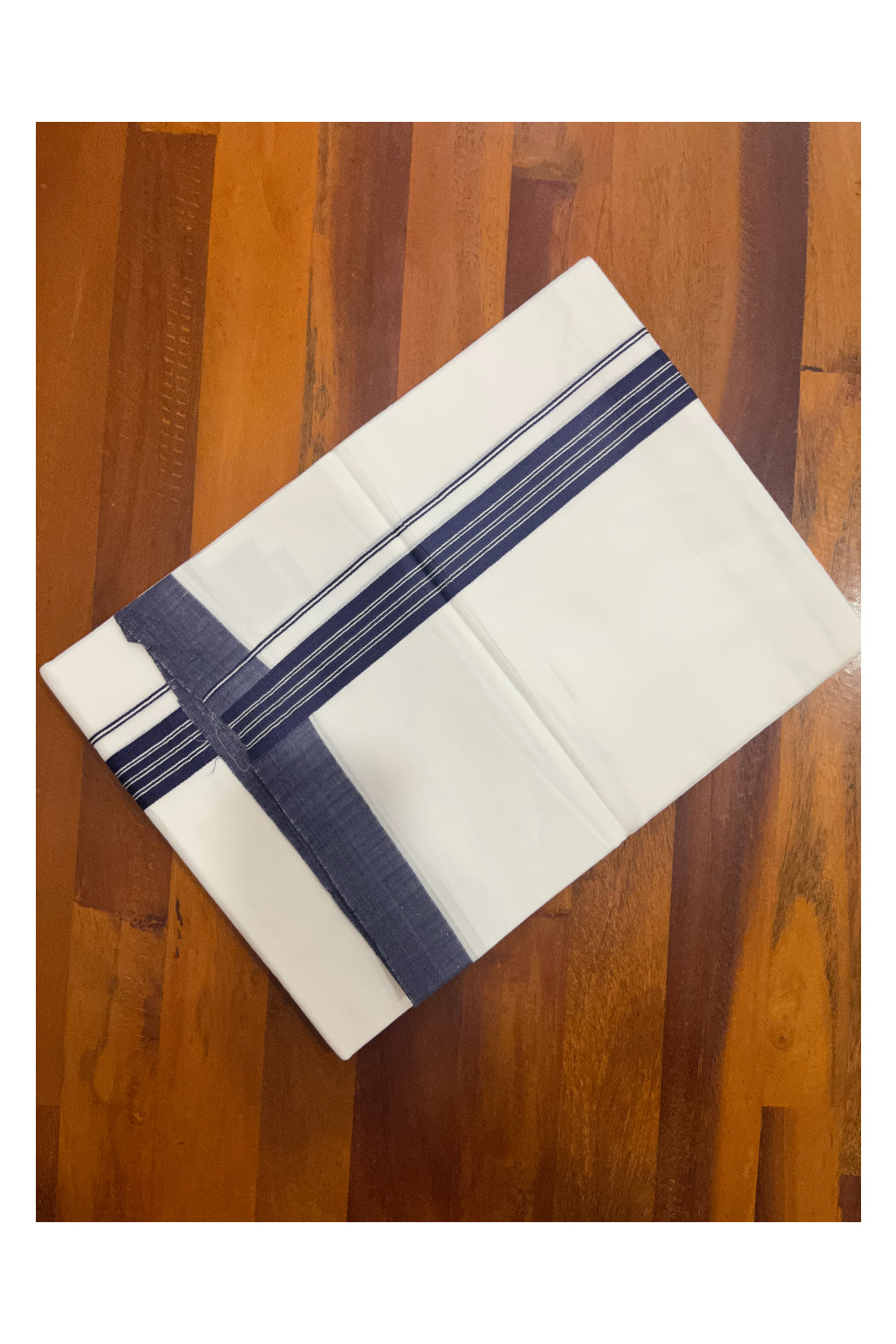 Pure White Cotton Double Mundu with Navy Blue Border (South Indian Kerala Dhoti)