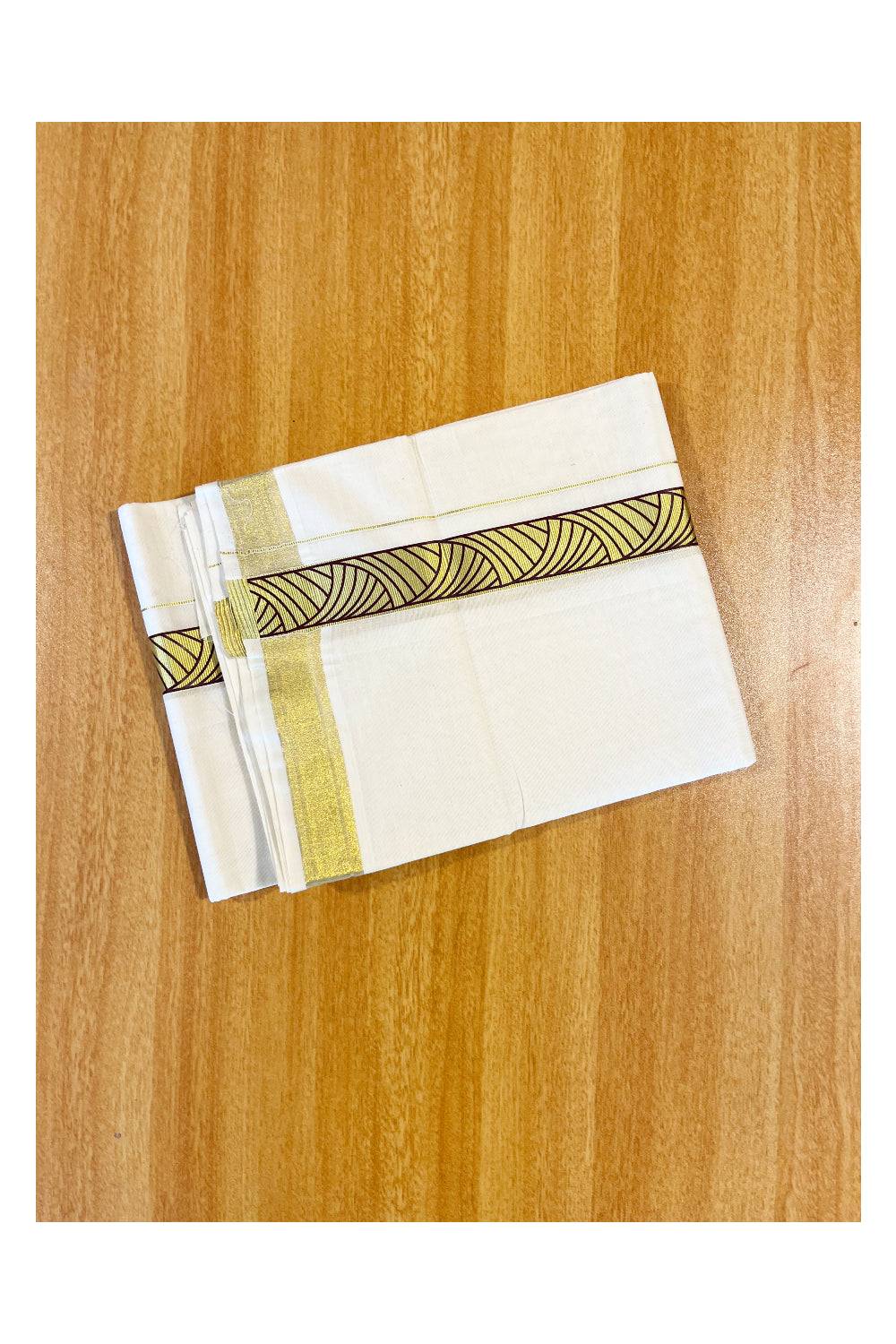 Pure Cotton Off White Double Mundu with Green Block Prints on Kasavu Kara (South Indian Dhoti)