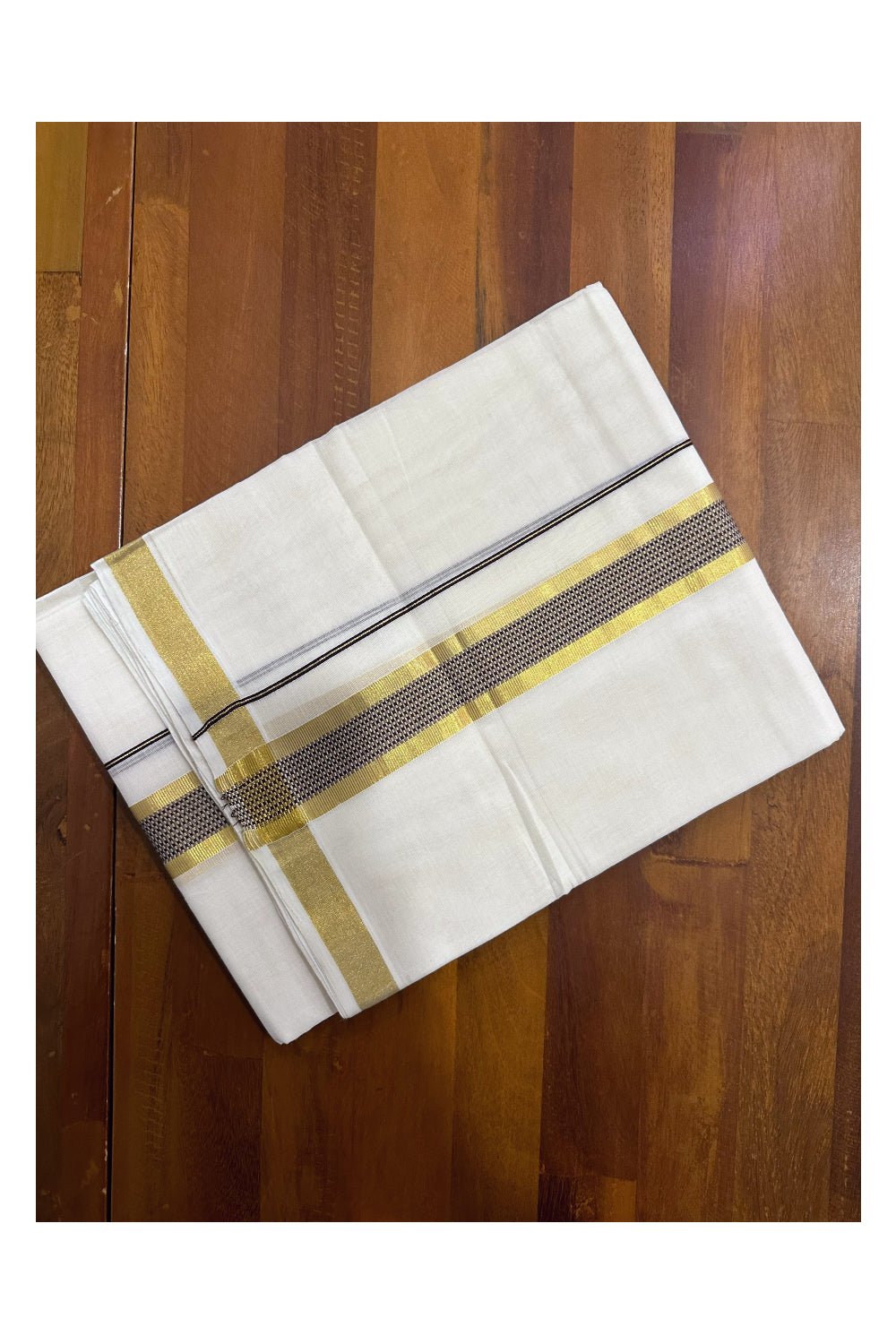 Southloom Premium Handloom Mundu with Brown and Design Kasavu Kara (Onam Mundu 2023)