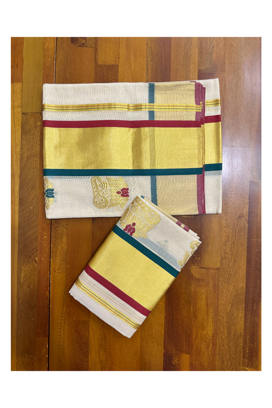 Southloom Handloom Premium Tissue Kasavu Set Mundu Lotus and Veena Woven Patterns With Maroon And Green Border (Mundum Neriyathum) 2.70 Mtrs