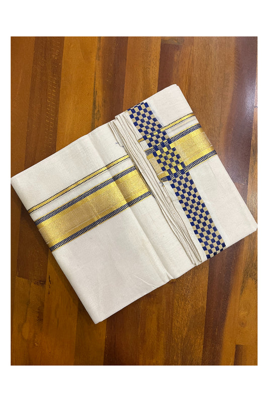 Premium Balaramapuram Handloom Unakkupaavu Cotton Double Mundu with Kasavu and Blue Paa Neythu Border (Onam 2024 Collection)