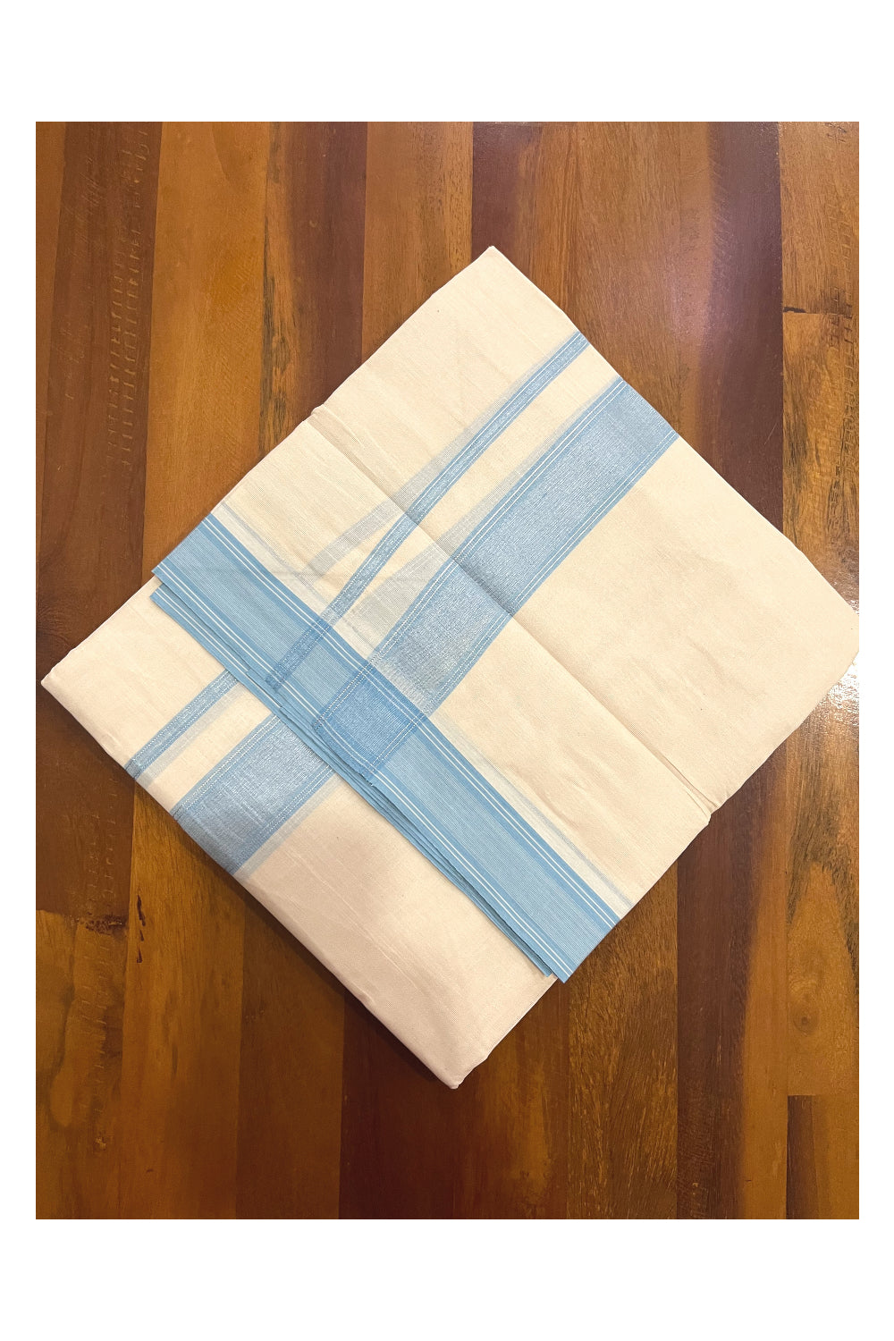 Pure Cotton 100x100 Double Mundu with Light Blue and Silver Kasavu Line Border (Onam Mundu 2023)