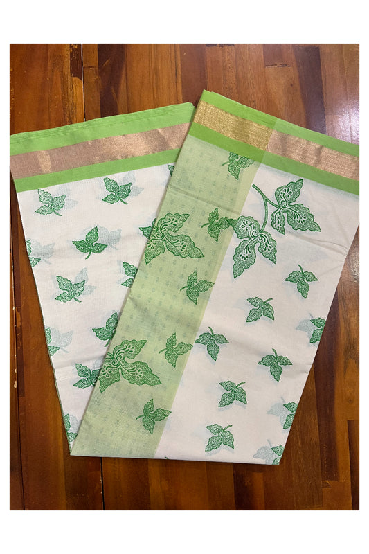 Pure Cotton Kerala Saree with Light Green Heavy Woven Leaf Designs and Kasavu Border (Vishu 2024 Collection)