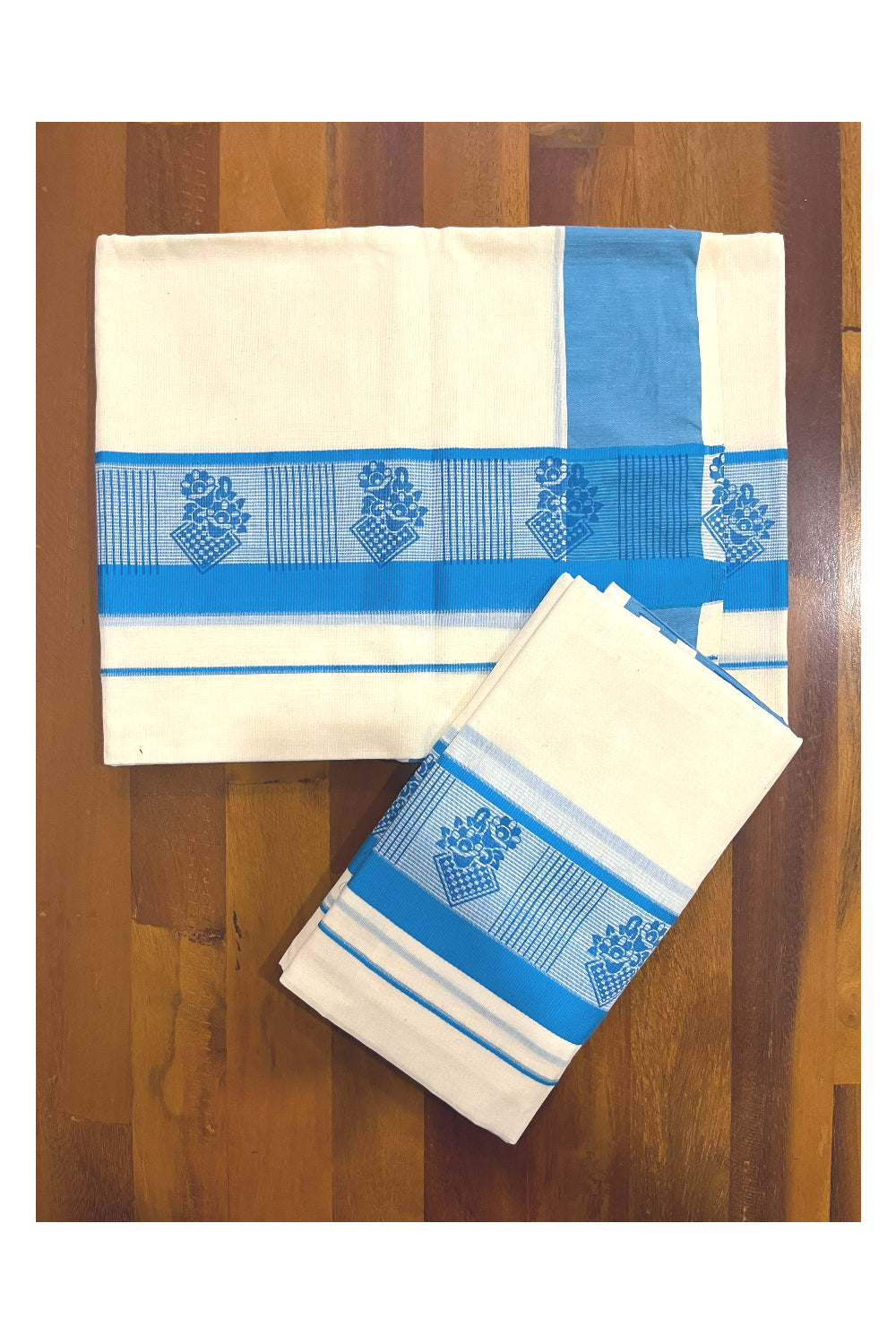 Southloom Pure Cotton Kerala Single Set Mundu with Blue Block Prints on Border (Onam Set Mundu 2023)