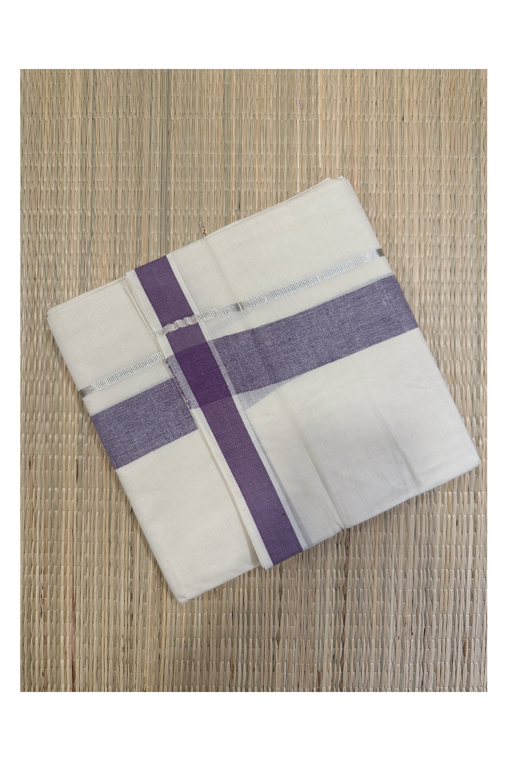 Off White Kerala Double Mundu with Silver Kasavu and Violet Kara (South Indian Kerala Dhoti)