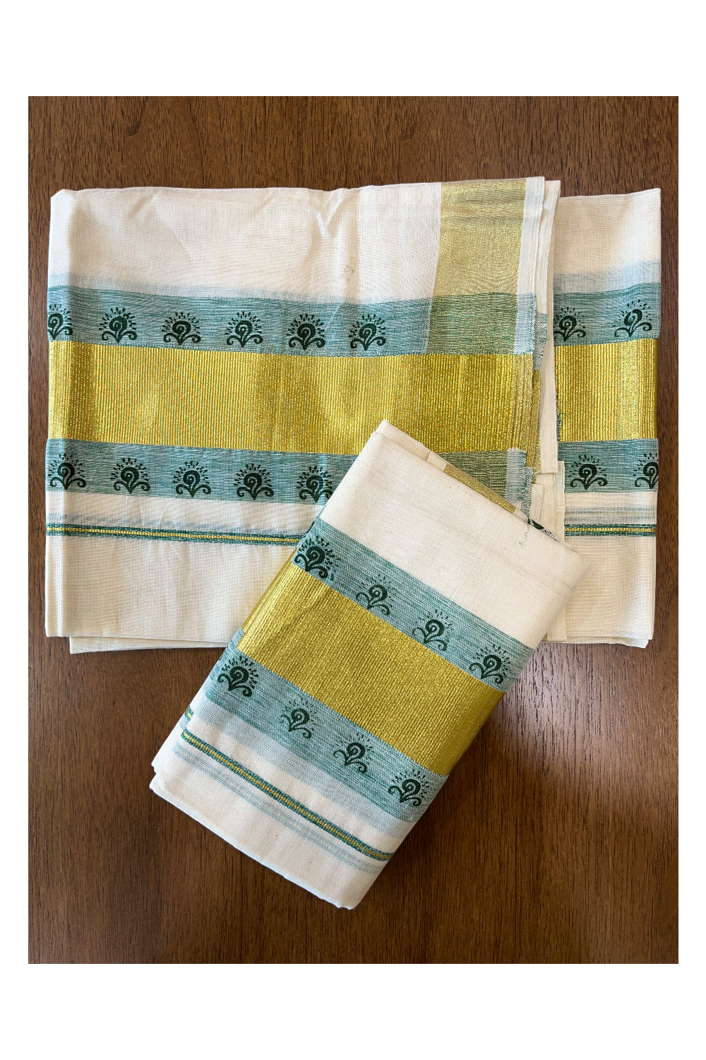 Cotton Single Set Mundu (Mundu Neriyathum) with Block Prints on Green and Kasavu Border