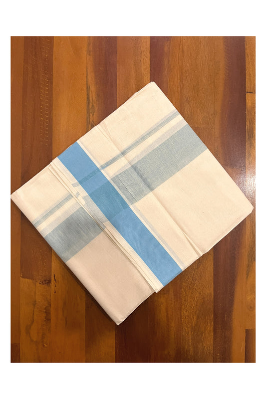 Pure Cotton Kerala Double Mundu with Light Blue Kasavu Kara (South Indian Kerala Dhoti)