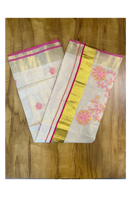 Kerala Tissue Kasavu Saree With Pink and Golden Floral Embroidery Works