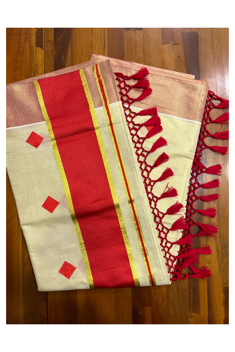 Kerala Tissue Kasavu Saree with Red Gold Woven Butta Designs and Tassels Works