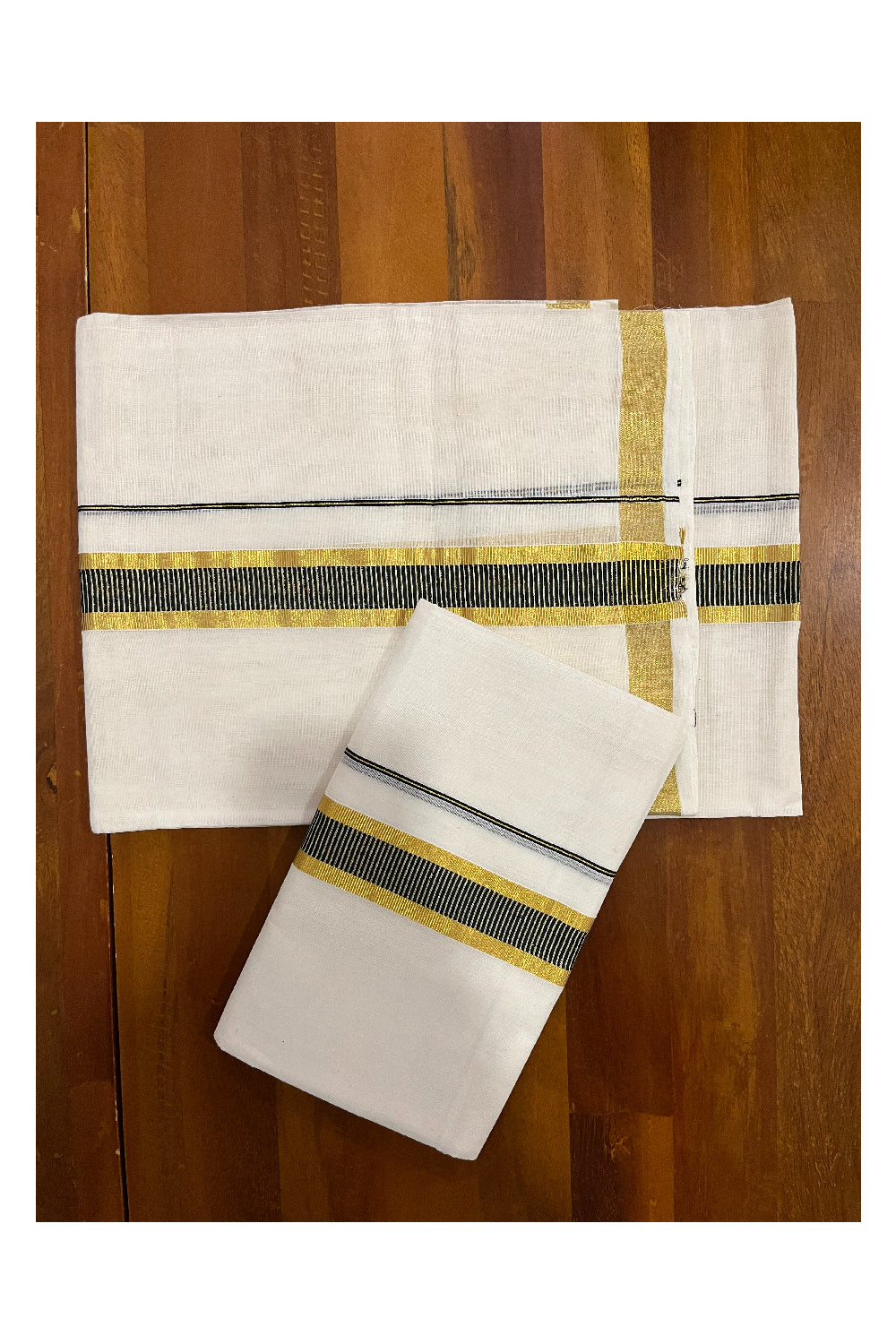 Pure Cotton Handloom Premium Kasavu Set Mundu (Mundum Neriyathum) with Black and Kasavu Border (Onam Set Mundu 2023)