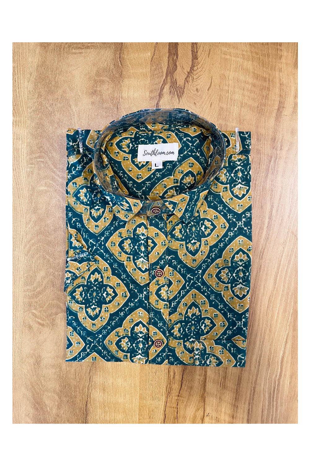 Southloom Jaipur Cotton Green Hand Block Printed Shirt (Half Sleeves)