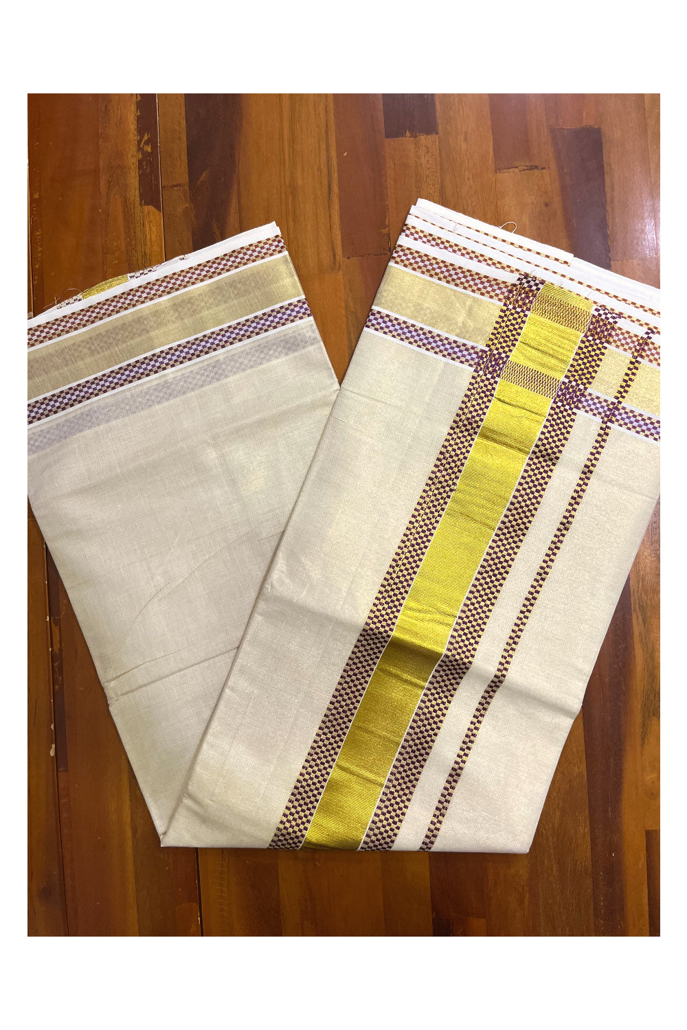 Kerala Tissue Saree with Kasavu and Pink Temple Woven Designs on Border