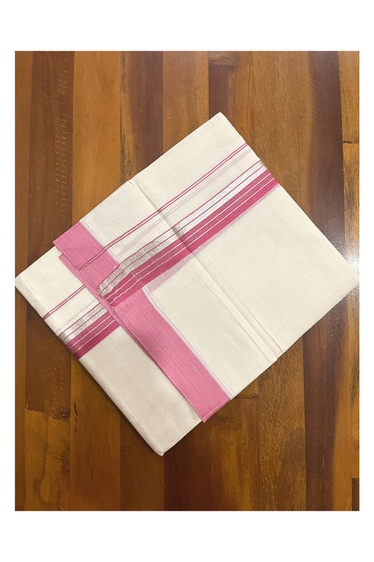 Pure Cotton 100x100 Double Mundu with Silver Kasavu and Pink Border (Onam Mundu 2023)