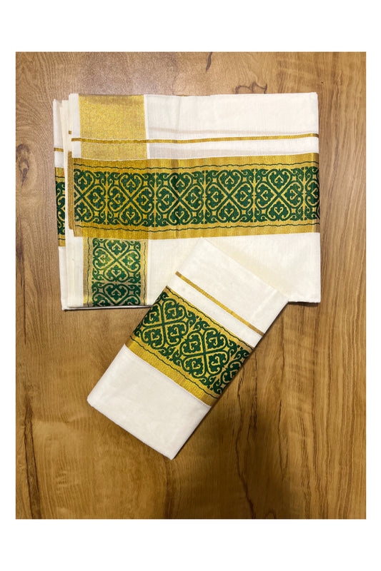 Kerala Pure Cotton Set Mundu Single (Mundum Neriyathum) with Green Block Prints on Kasavu Border 2.80Mtrs
