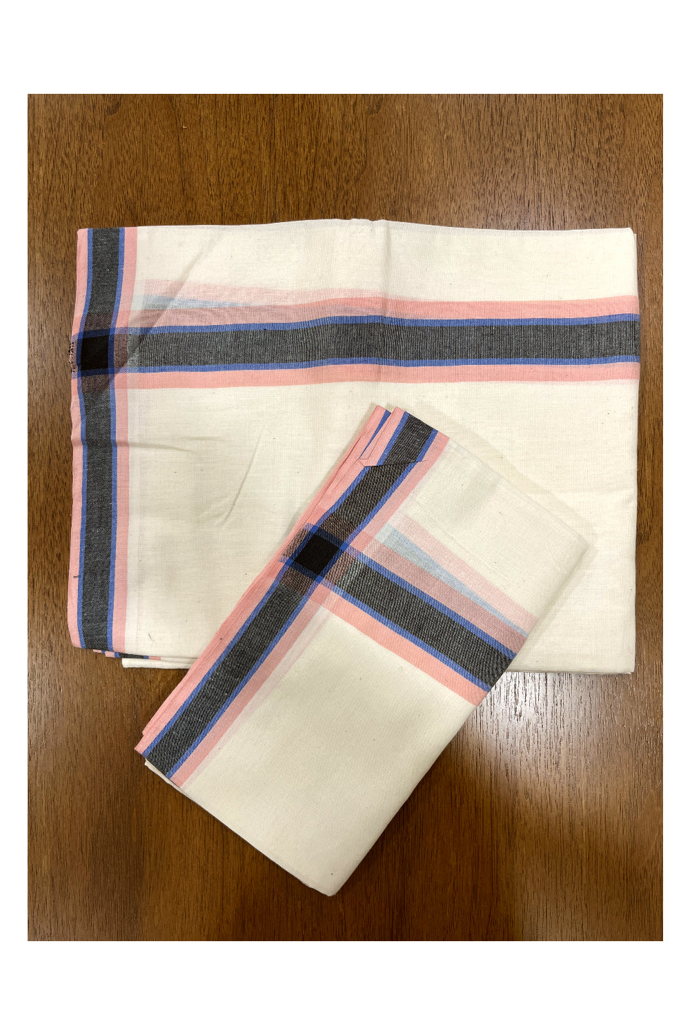 Kerala Cotton Mulloth Mundum Neriyathum Single (Set Mundu) with Black and Peach Border (Extra Soft Cotton)