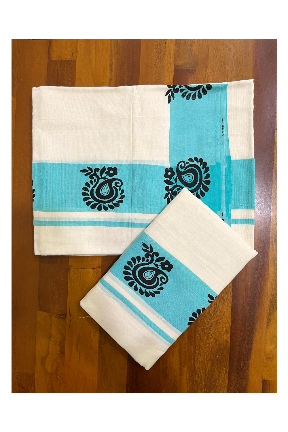 Kerala Pure Cotton Set Mundu (Mundum Neriyathum) with Block Printed Blue Border 2.80 Mtrs