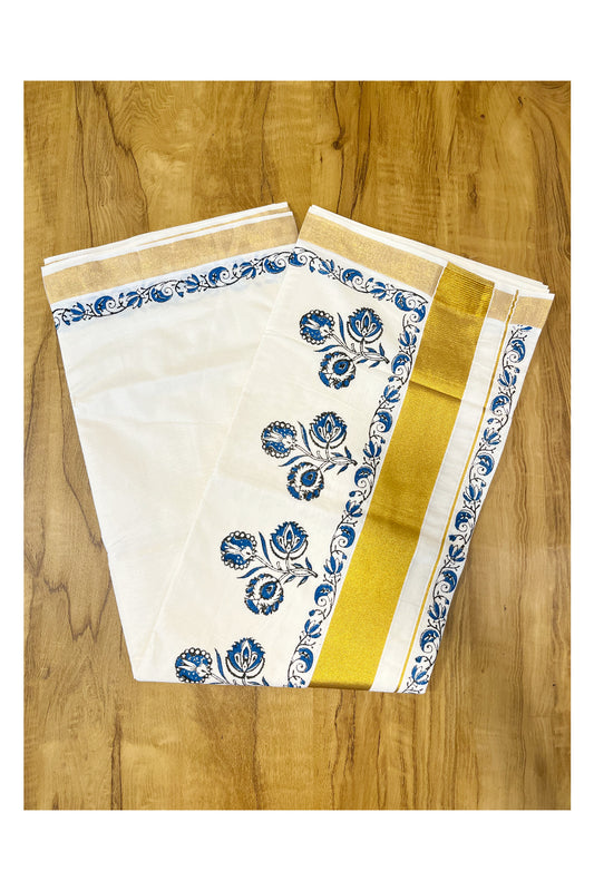 Southloom Cotton Kerala Kasavu Saree with Black and Blue Block Prints On Border