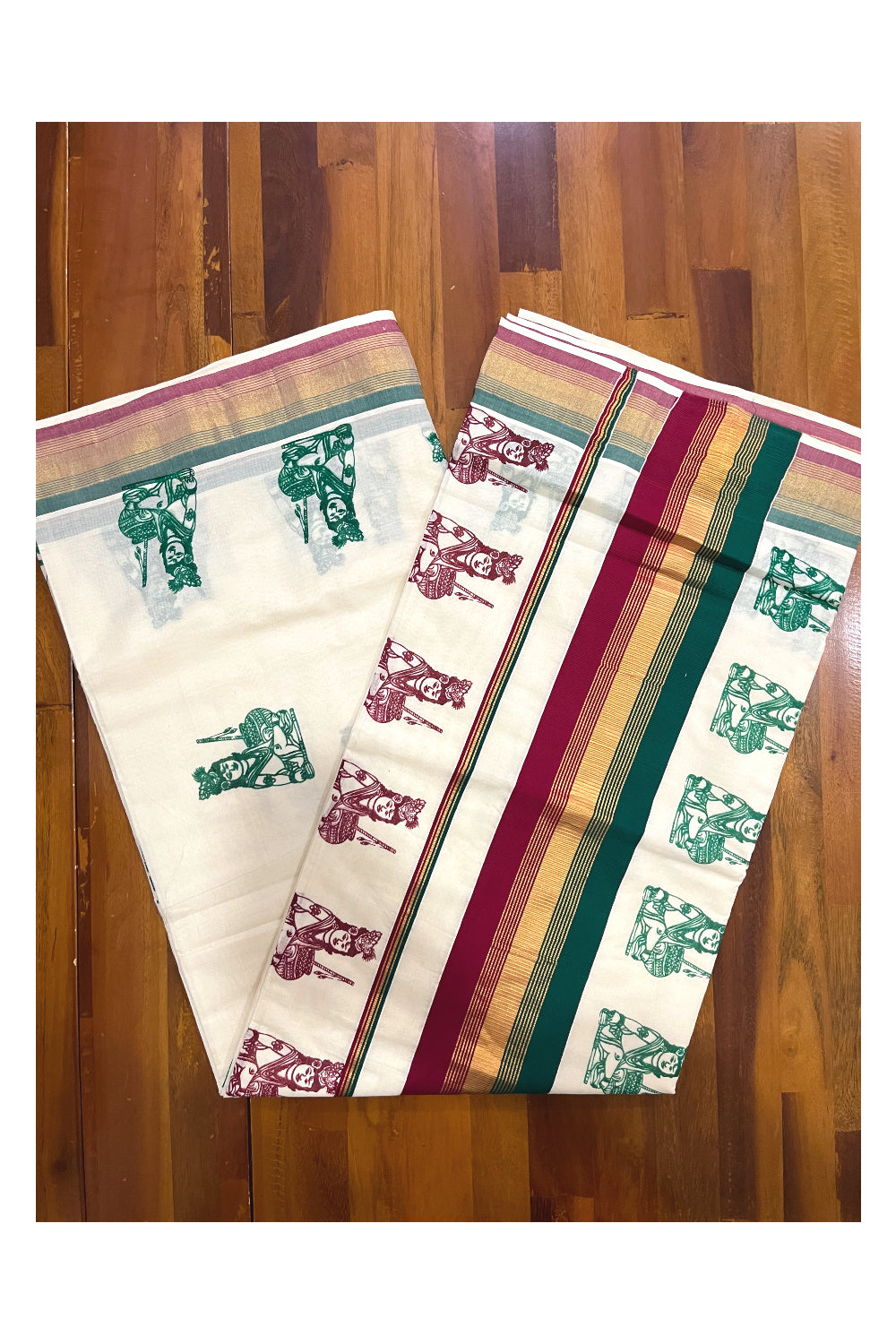 Pure Cotton Kerala Kasavu Saree with Krishna Block Printed Maroon Green Border