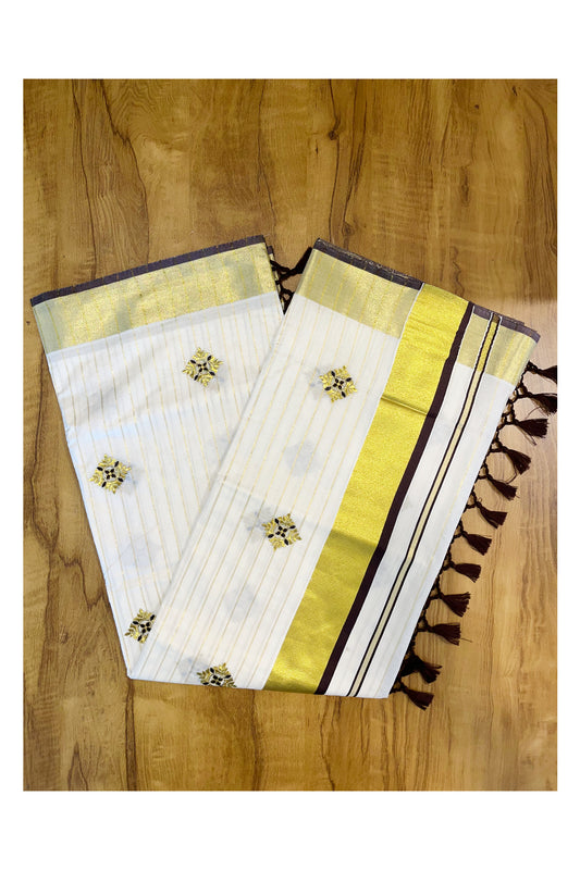 Kerala Cotton Kasavu Lines Saree with Brown and Golden Floral Embroidery Work