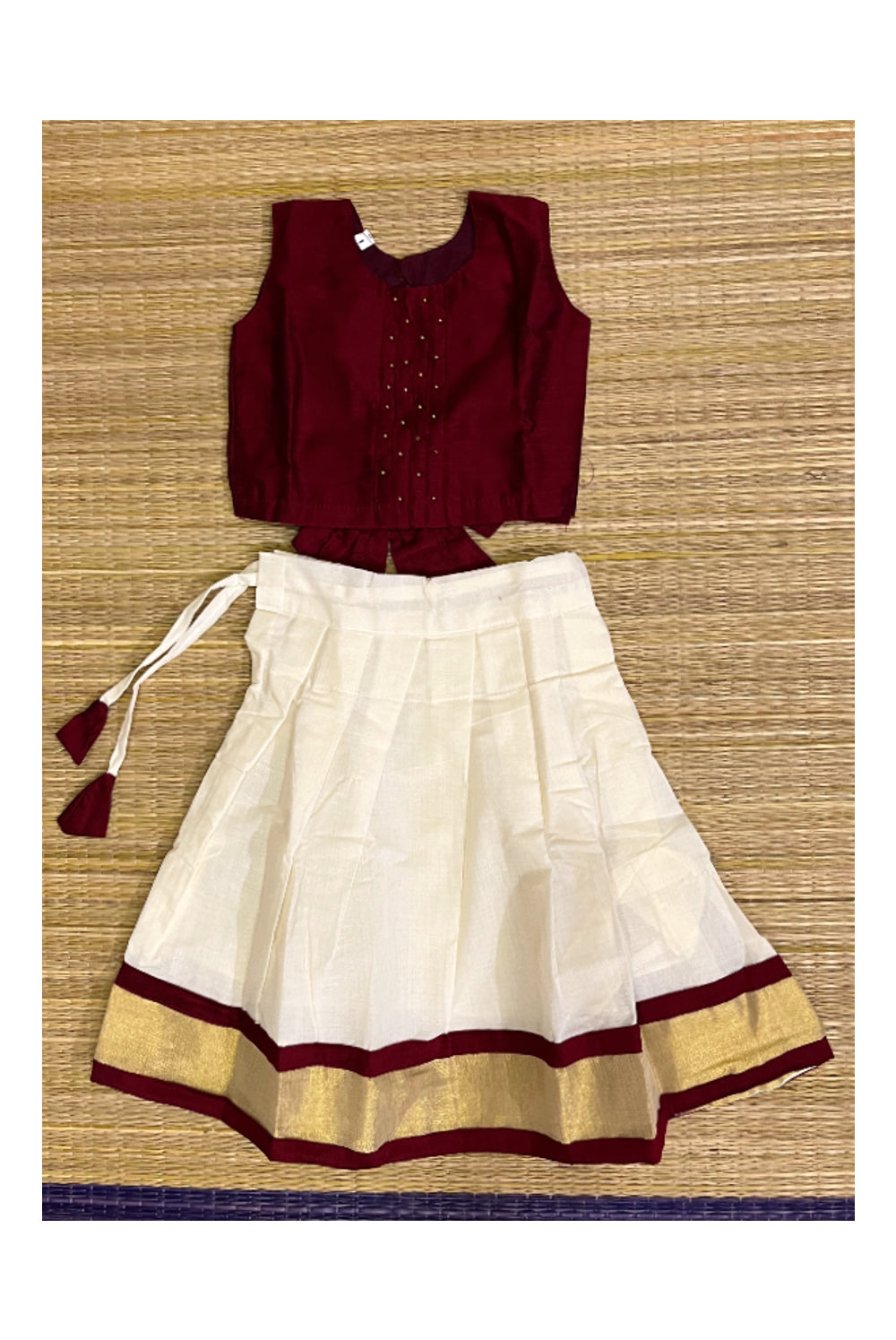 Southloom Kerala Pavada Blouse with Maroon Bead Work Design (Age - 1 Year)