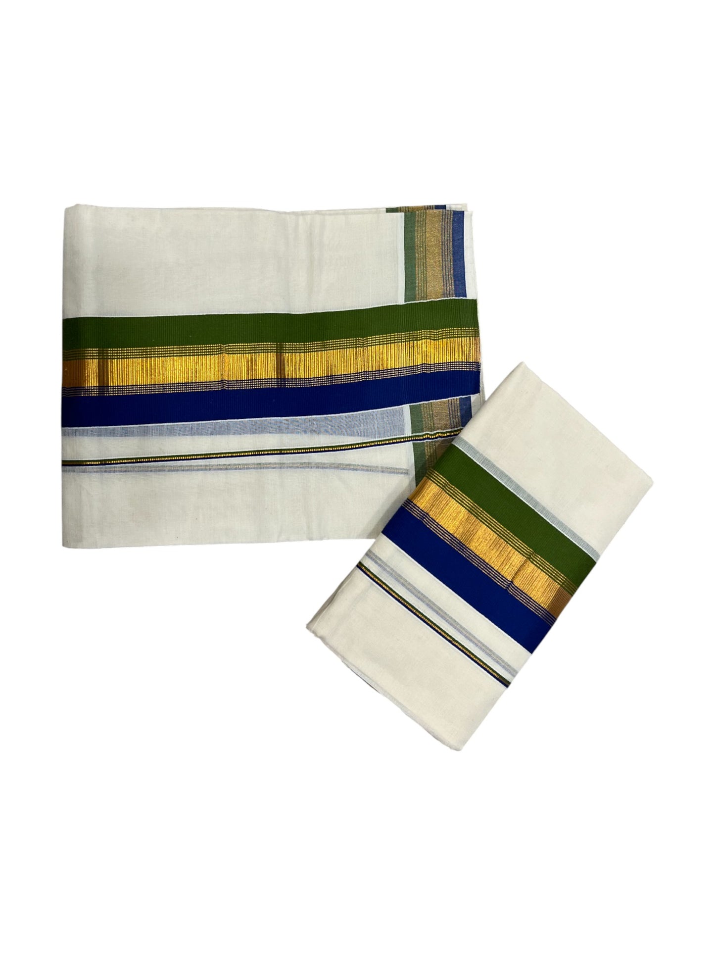 Kerala Cotton Kasavu Set Mundu (Mundum Neriyathum) with Blue and Green Border