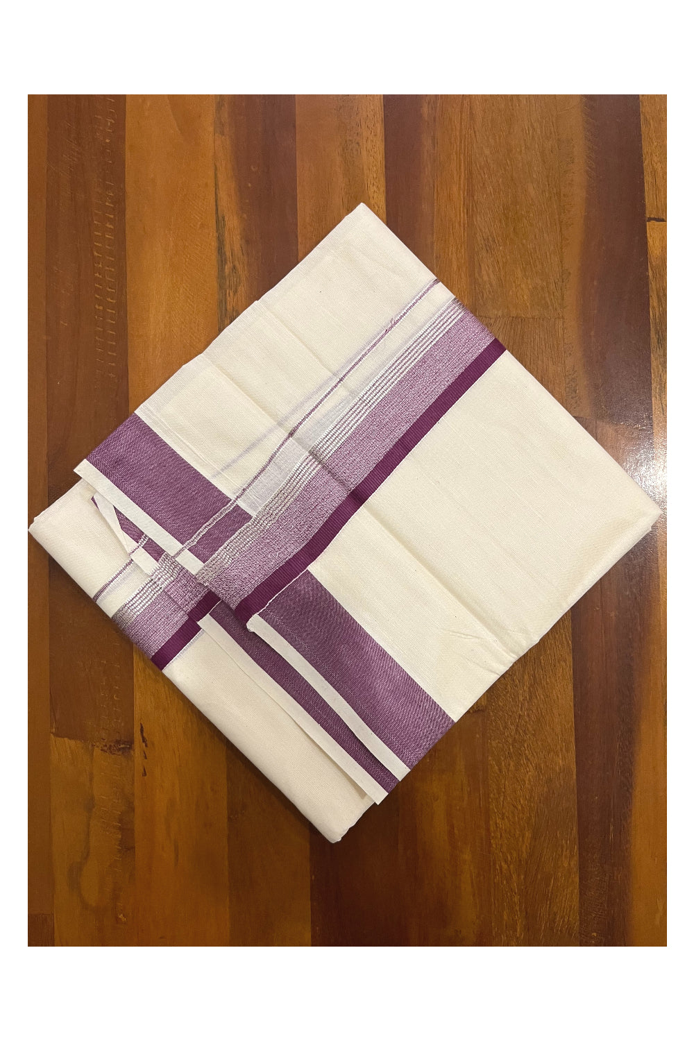 Pure Cotton Kerala Double Mundu with Purple and Silver Kasavu Kara (South Indian Kerala Dhoti)