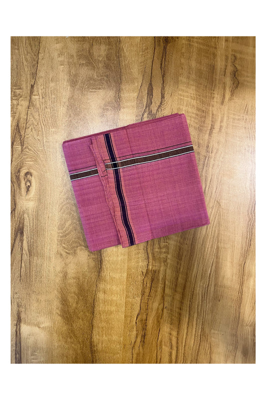 Southloom Premium Handloom Pink Solid Single Mundu (Lungi) with Brown And Blue Border (South Indian Kerala Dhoti)