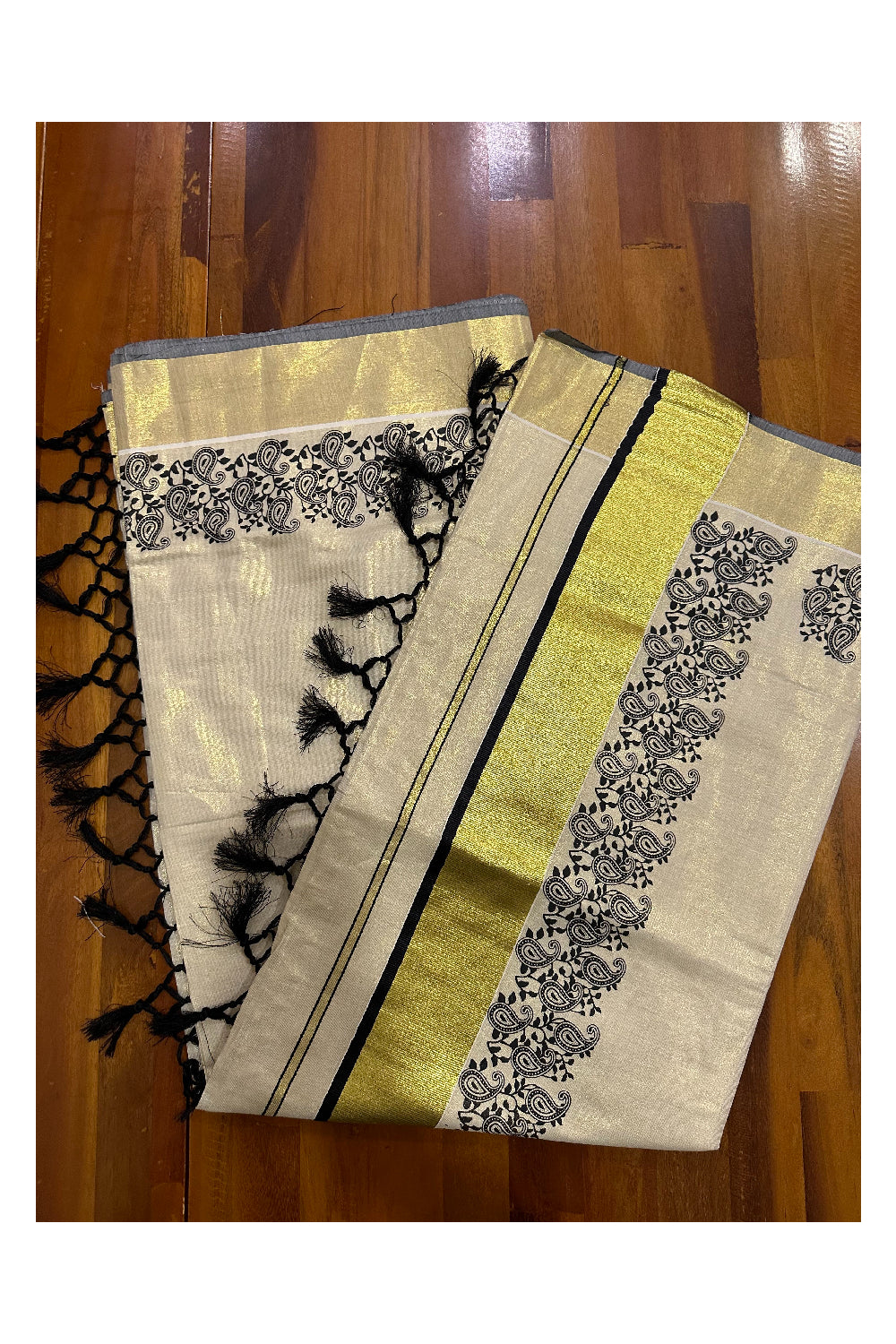 Kerala Tissue Kasavu Saree with Black Paisley Block Prints and Tassels Works on Pallu (Onam Saree 2023)