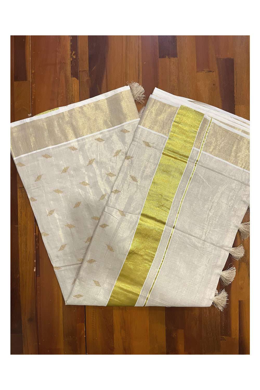 Kerala Tissue Kasavu Saree with Golden Butta Works Across Body (Onam Saree 2023)