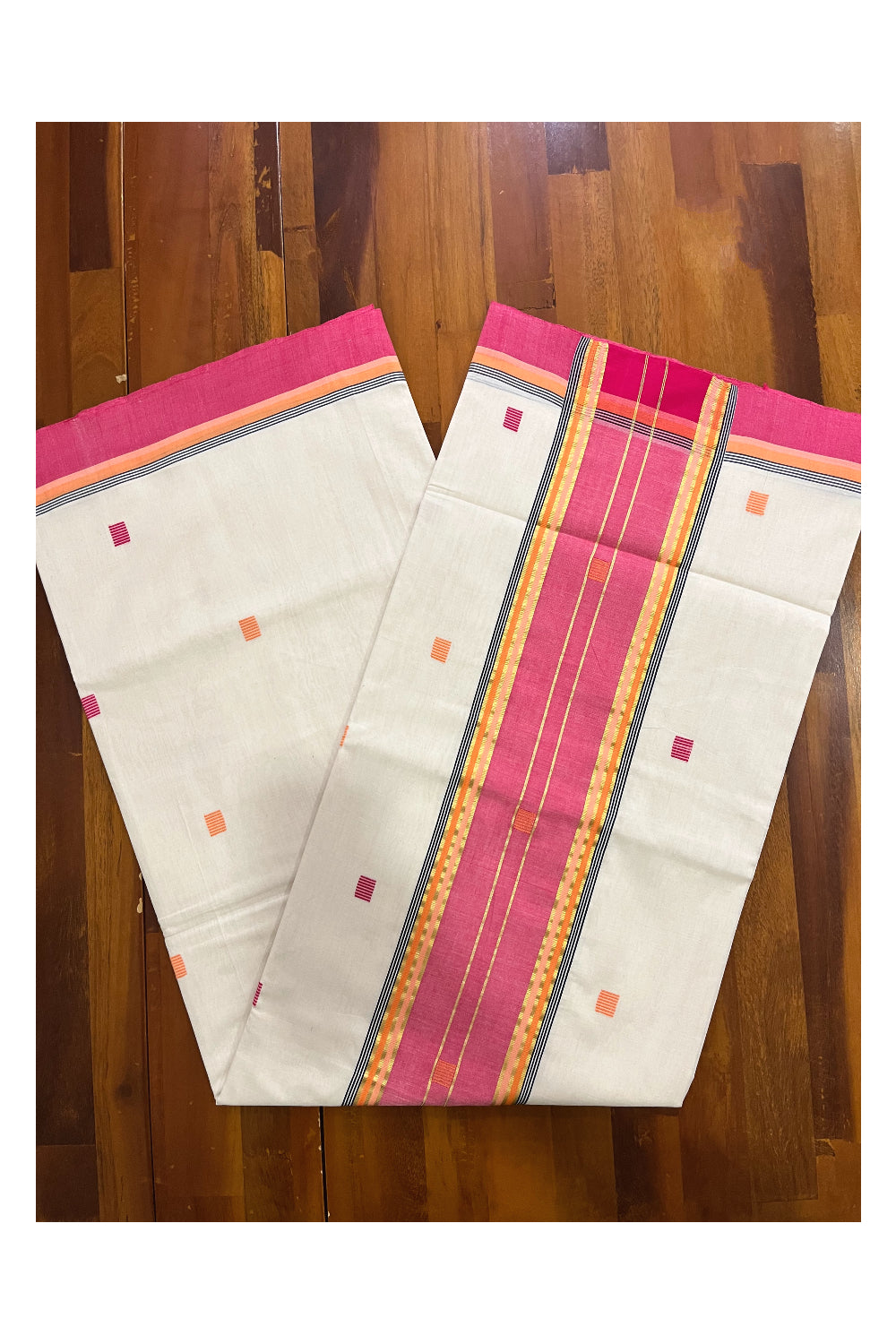 Southloom Premium Balaramapuram Unakkupaavu Handloom Cotton Butta Saree with Pink and Kasavu Border