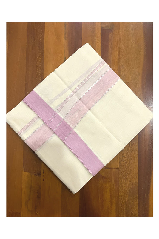 Pure Cotton 100x100 Double Mundu with Silver Kasavu and Pink Kara (Onam Mundu 2023)