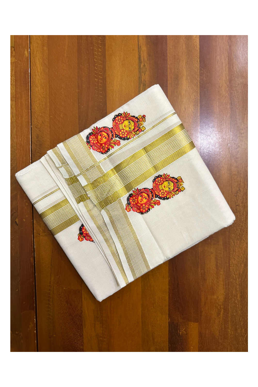 Southloom Lines Kasavu Double Mundu with Mural Print Along Kara